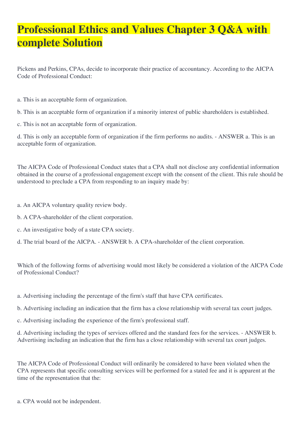 Preview image for Professional Ethics and Values Chapter 3 Q&A with complete Solution